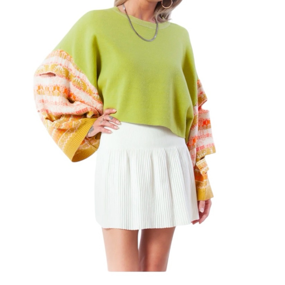 Kerisma Eclipse Cropped Sweater Kimono Cut Out Sleeves Fair Isle Distressed